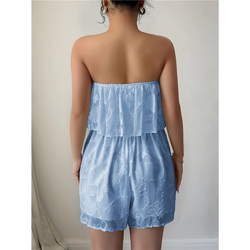 

AOAO-Women's Off Shoulder Casual Floral Print Summer Strapless Pleated Elastic Waist Beach Short Jumpsuits