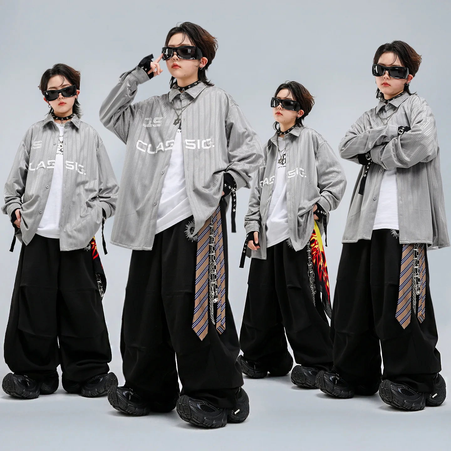 

Girl Boy Kpop Hip Hop Clothing Siver Gray Striped Shirt Black Curved Blade Parachute Pants for Kid Street Dance Costumes Clothes