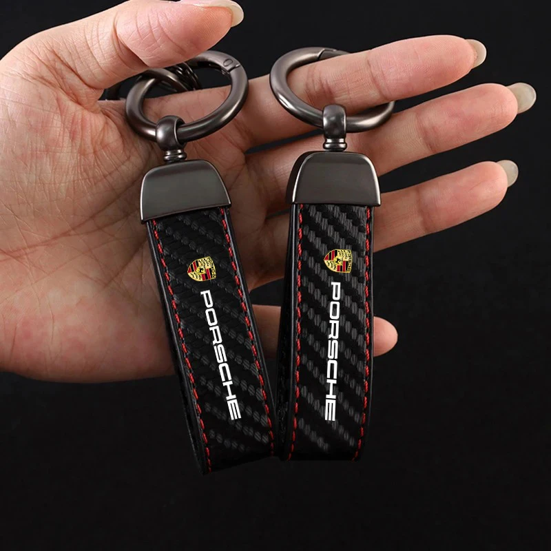 Leather Carbon Fiber Car Keychain Key Pendant Keyring For Porsche Cayenne Panamera Macan 911 718 Taycan Boxster Cayman 918 Pajun