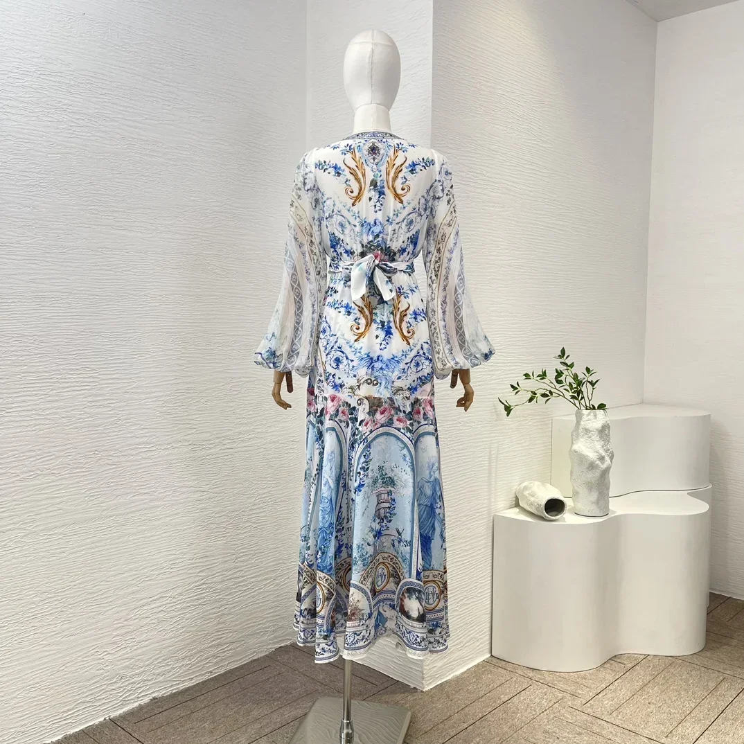 Elegant 2024 New Blue Pure Silk Cut Out White Floral Print Lantern Sleeve Diamonds Lace-up Women Midi Dress Size Runs Bigger