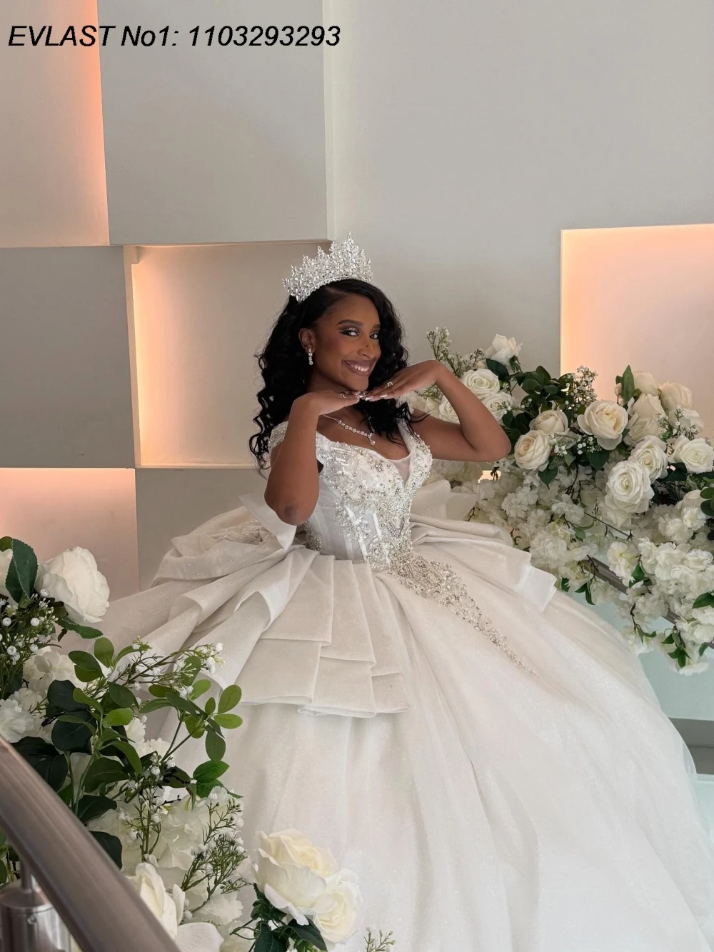 EVLAST Customized Mexican White Quinceanera Dress Ball Gown Lace Applique Crystal Beaded Bow Sweet 16 Vestidos De 15 Anos AQ94