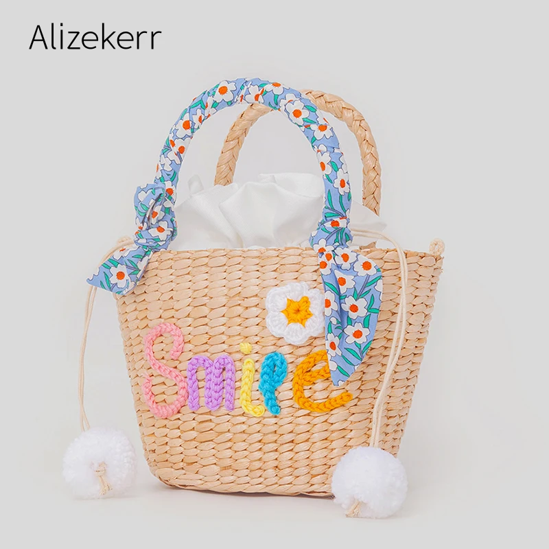 Women Letter Embroidery Straw Bags 2022 New Summer Cute Handmade Flowers Natural Rattan Beach Shoulder Crossbody Bags Holiday