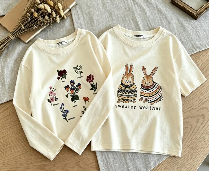 Kids Floral And Rabbit Print T Shirts Toddler Tops For 9 Months To 6 Years Short And Long Sleeve Tees Baby Costume Children Tees