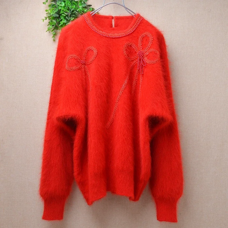 

Женский Mujer, осенне-зимний рождественский красный свободный свитер из волосатой ангорской кроличьей шерсти с круглым вырезом и длинными рукавами «летучая мышь», джемпер