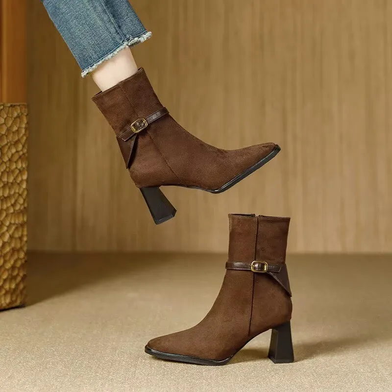 أحذية قصيرة للنساء، تصميم بسحاب جانبي من جلد الغزال، أحذية نسائية بكعب سميك، أحذية عصرية ريترو رفيعة للخريف والشتاء #4