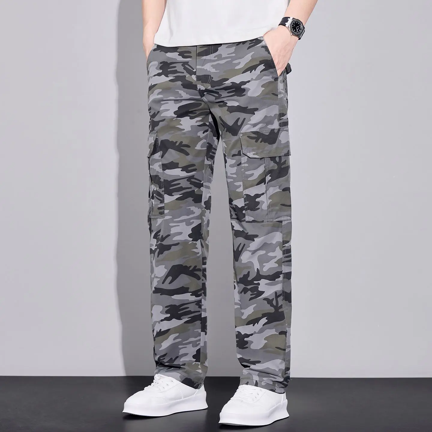 Men's Casual Camouflage Cargo Pants Men Elastic Waist Long Trousers Man Street Style Tactical Pants Male Multi Pockets Bottoms