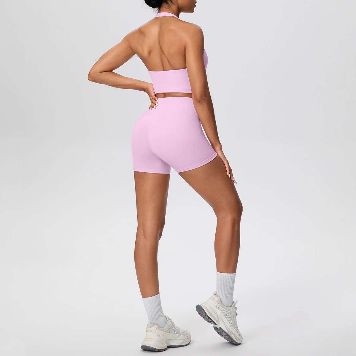 2picese Women Yoga Suit Solid Color High Waist Hip Push Up Fitness Shorts Sexy Pilates Backless Gym Hanging Neck Bra Yoga Set - Image 4