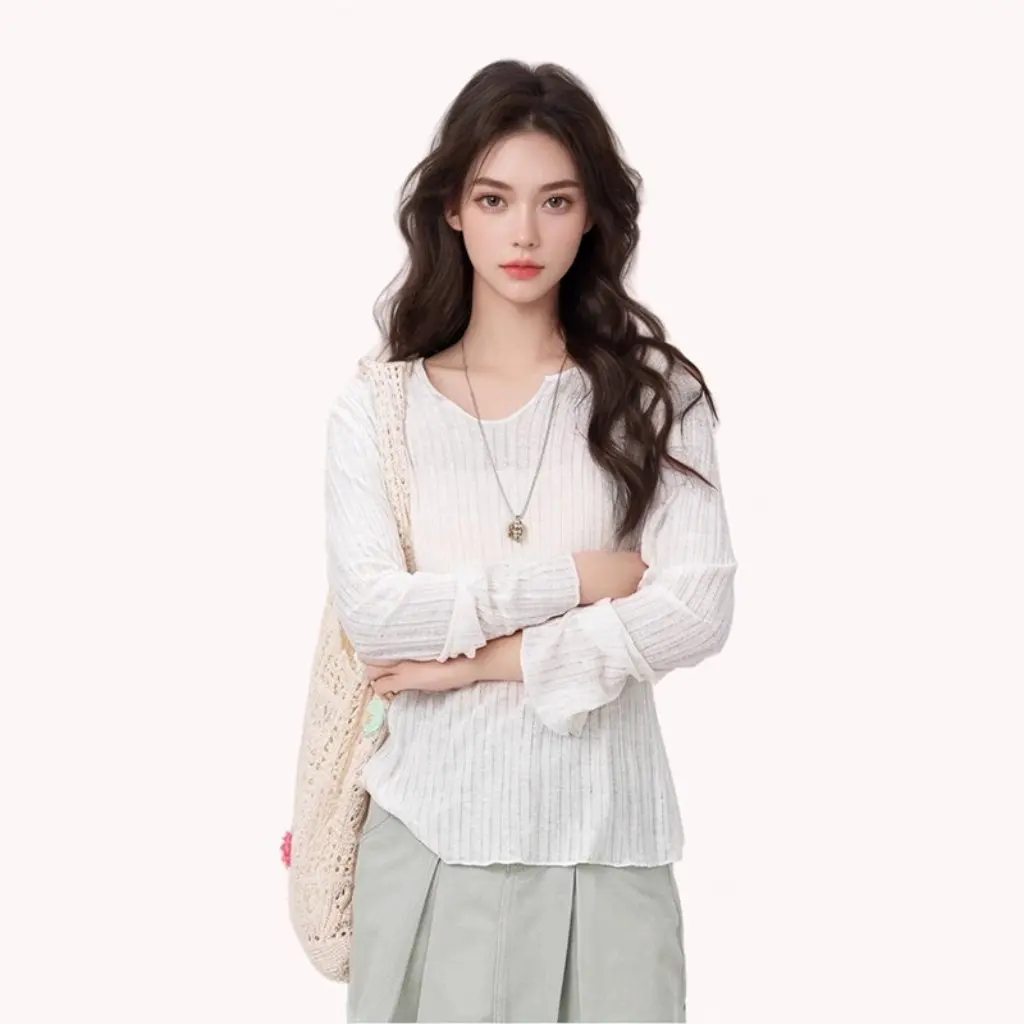 

Women's Spring Summer Loose V-Neck Ice Silk Long-Sleeved Blouse See-Through Sun Protection Slim Fit T-Shirt Lazy Top