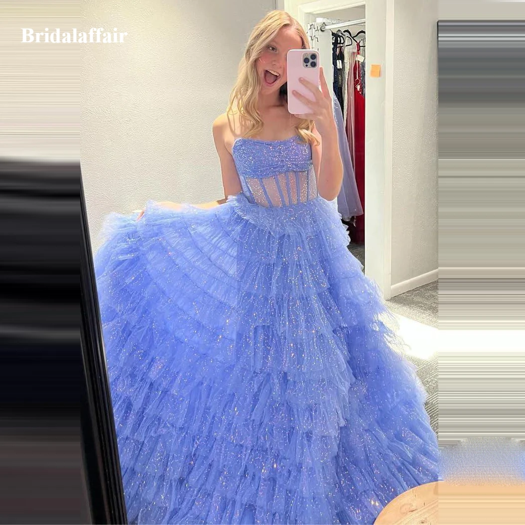 

Elegant Tiered Tulle Prom Dresses Puffy Sequin Formal Dress Spaghetti Straps Glitter Evening Party Gowns A-Line Ball Gown