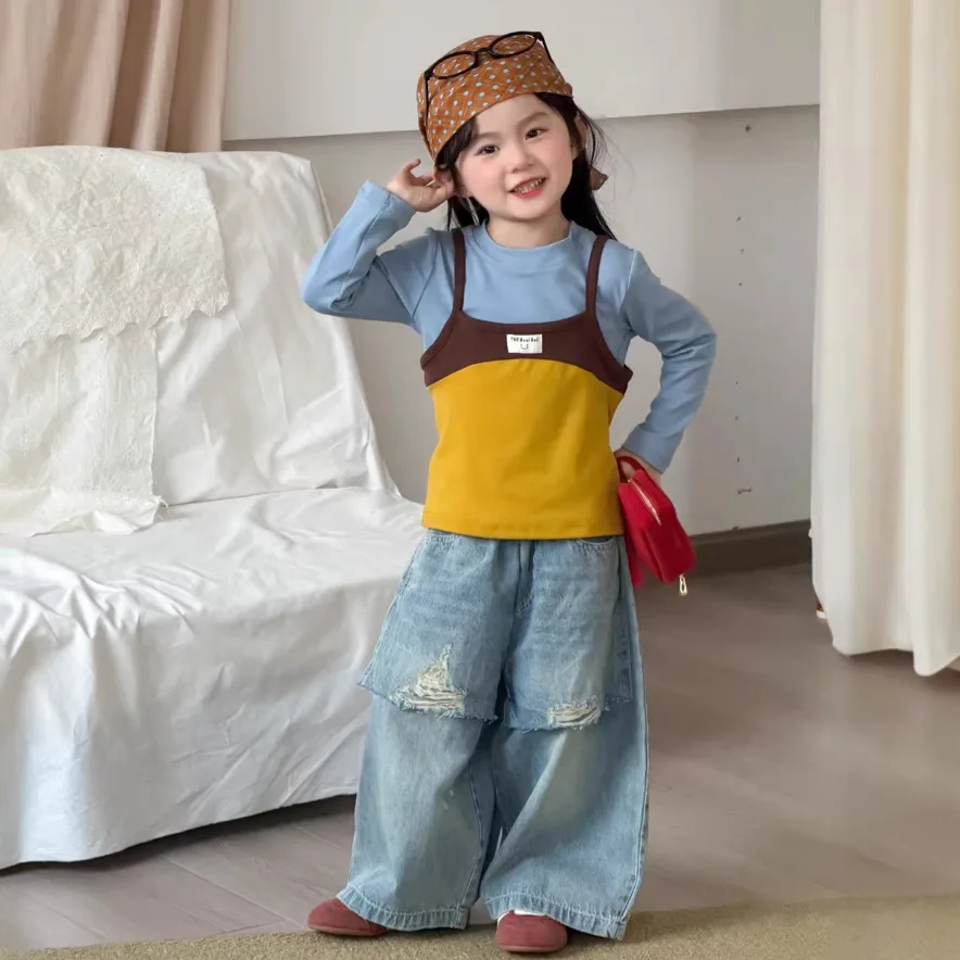 Girls Pants 2026 Spring and Summer New Childrens Clothing Korean Girl Baby Foreign Style Cool Broken Jeans Straight Leg Pants
