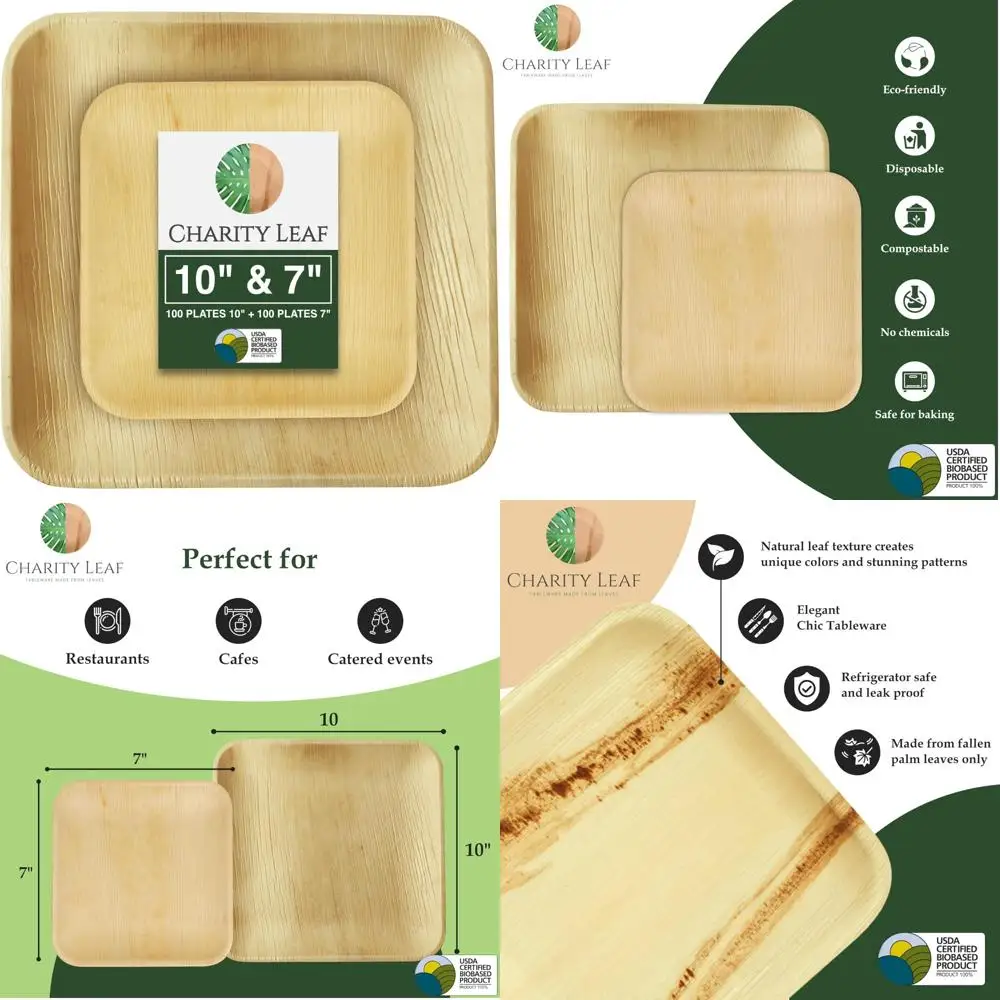 

Компостируемые тарелки с пальмовым листом на 200 штук — квадратные 10 и 7 дюймов, устойчивая посуда в бамбуковом стиле для экологически чистых мероприятий