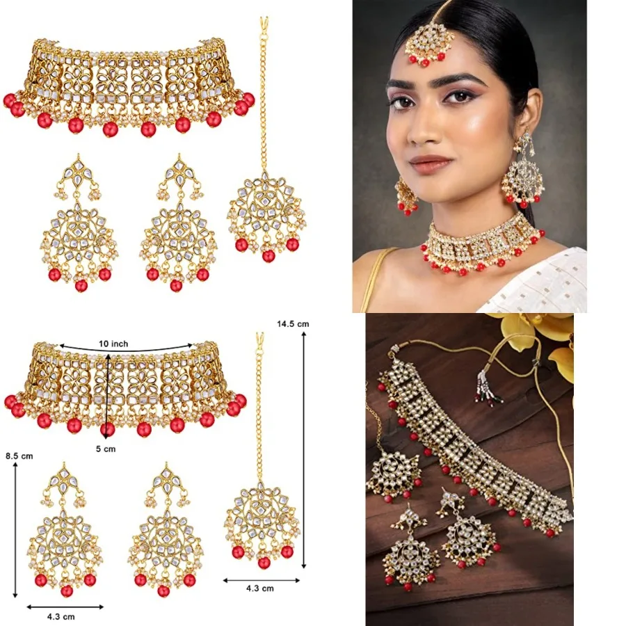 Aheli Elegant Indian Faux Kundan Studded Choker Necklace with Maang Tikka Set Ethnic Wedding Wear Bharatanatyam jewellery set G