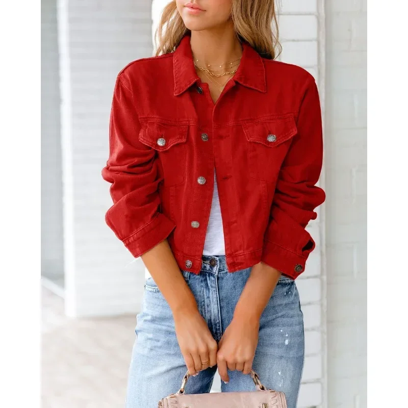 

Short Pockets Jacket Fashion Streetwear Single Breasted Trend Women Denim Coats Long Sleeve Autumn New Denim Denim Coats