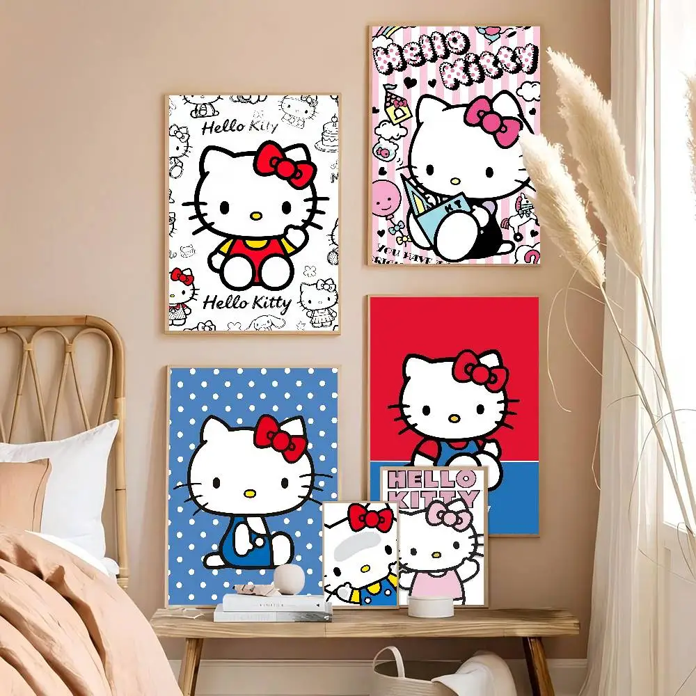 Cute Cat H-Hello Cartoon K-KittyS Self-adhesive Art Poster Fancy Wall Sticker for Living Room Bar Decoration Decorative Painting