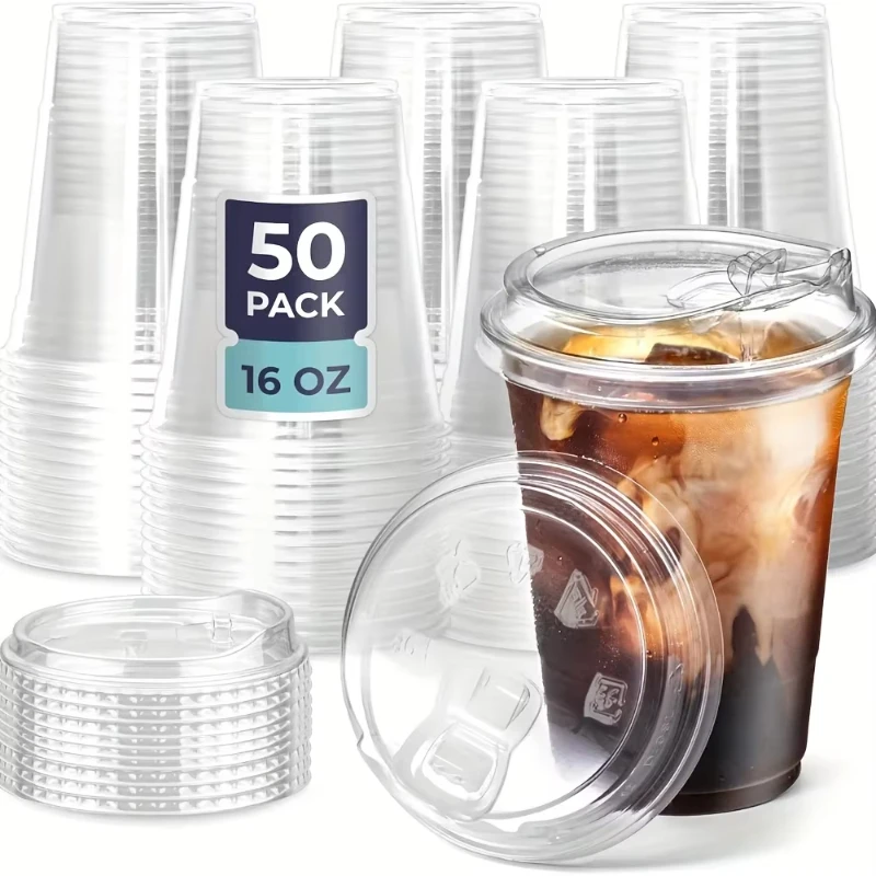 

50Set Plastic Drinking Cups with Strawless Sip Lids, Disposable Cups for Cold Drinks, BPA Free - for Christmas, Halloween, Party