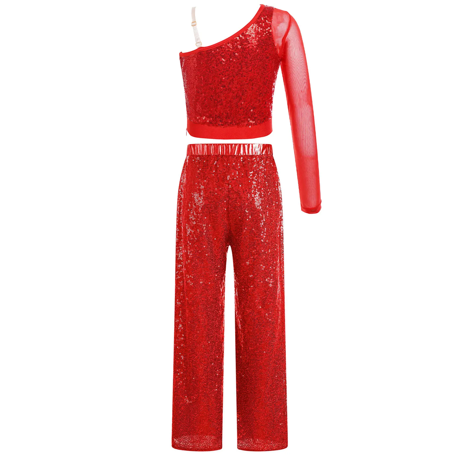 Kids Girls Sequins 2 PCS Jazz Dance Outfits Set Mesh Crop Top with Wide-Leg Pants Latin Ballet Ballroom Performance Costume