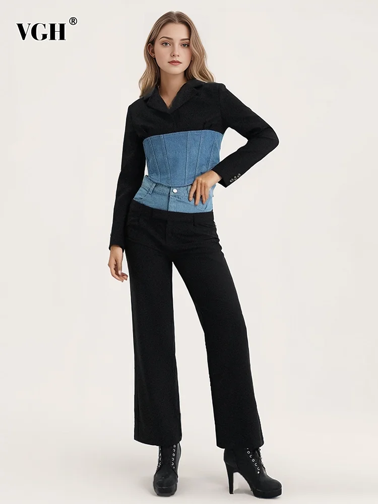 VGH Spliced Denim Two Piece Set For Women Notched Collar Long Sleeve Blazer High Waist Loose Pants Hit Color Casual Sets Female