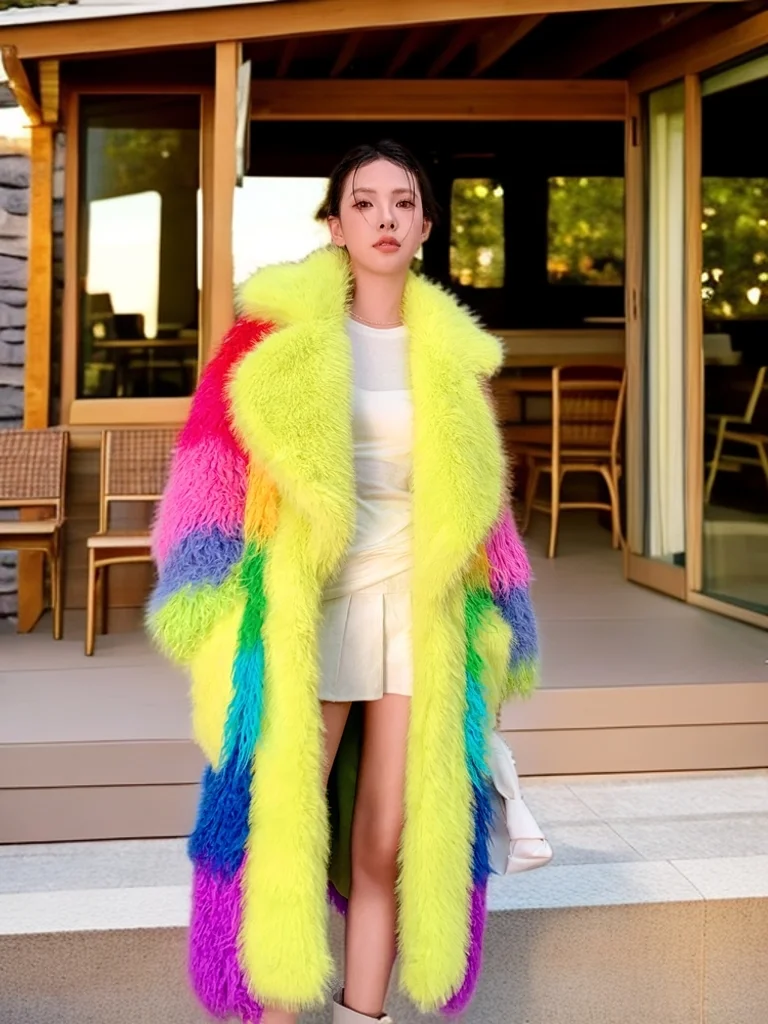 Lady Colorful Faux Fur Coat Contrast Color Lapel Jacket Female Shaggy Outerwear Streetwear Winter Women Performance Costume