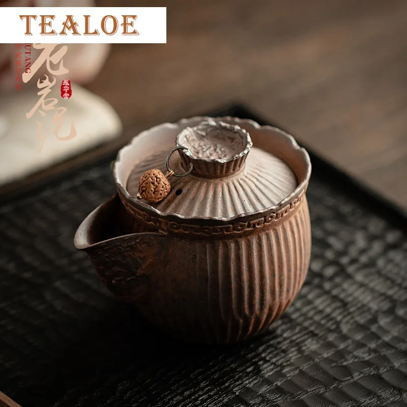 

350ML Creative Old Rock Clay Teapot Handmade Stripe Coarse Pottery Pot Household Tea Making Kettle With Filter Tableware Craft