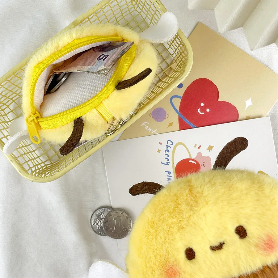 Cute Cartoon Bee Coin Purse Soft Plush Zipper Small Wallet For Girl Data Cables Earphones Bag Key Pouch Portable Storage Pendant