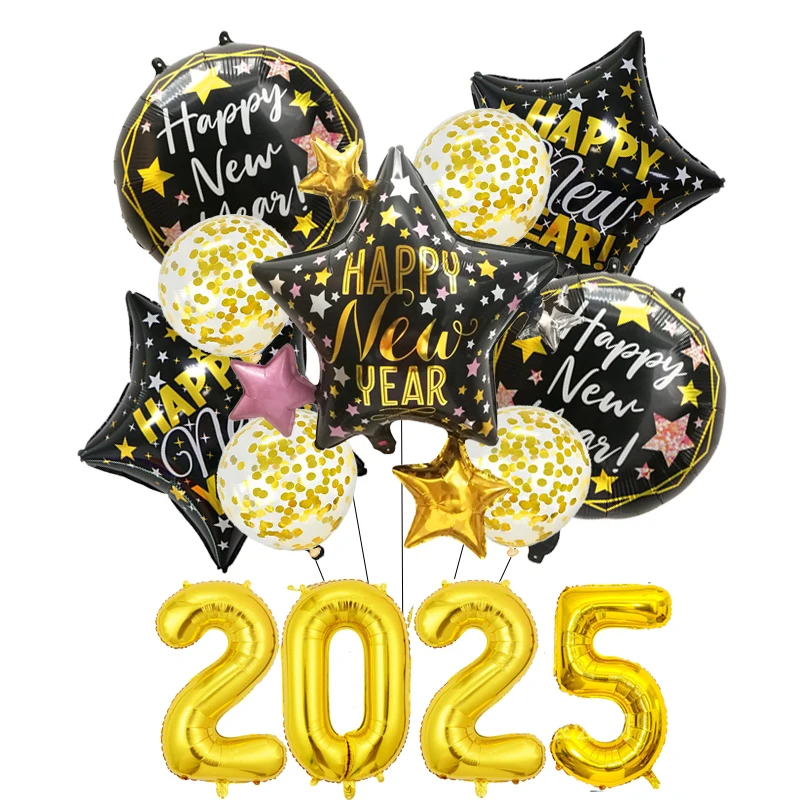 1Set 2025 Happy New Year bottle Pentagram round aluminum foil balloon combination Happy New Year Christmas party Decor Supplies