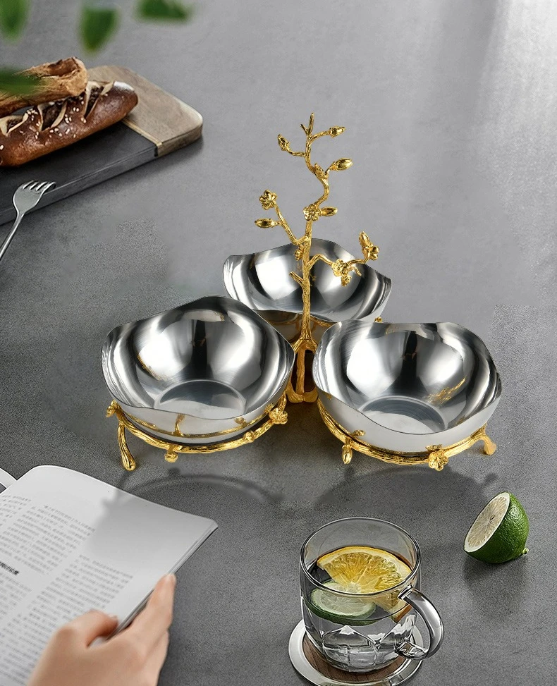 فيلا فاخرة خفيفة فروع ذهبية أوراق فضفاضة ثلاثة شبكات أطباق فاكهه من الفولاذ المقاوم للصدأ طبق سلطة أوروبي فاخر خفيف #6