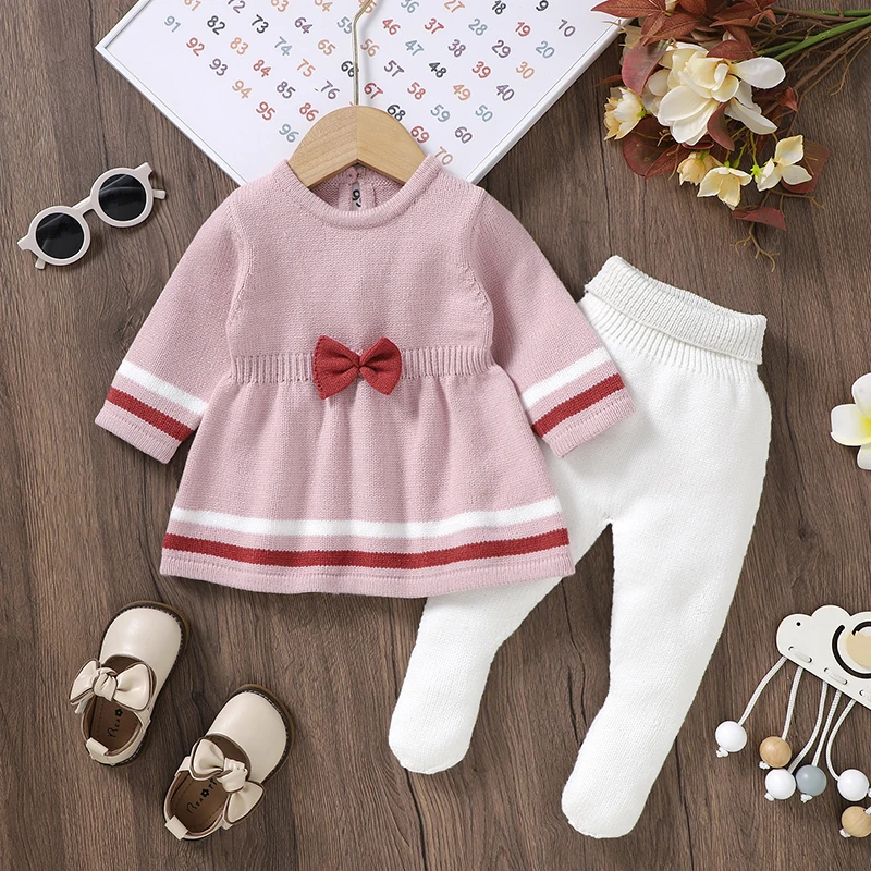 Girl Baby Clothes Sets Knitted Infant Kid Pullover +Pants Pink Fashion Tie Newborn Long Sleeve Sweater +Trousers Autumn Warm 2PC