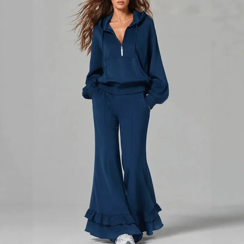 2026 Popular Women's Clothing Casual Hooded Half-zipper Sweater Set Ruffle Edge Flared Pants Two-piece Set Temperament Commuting