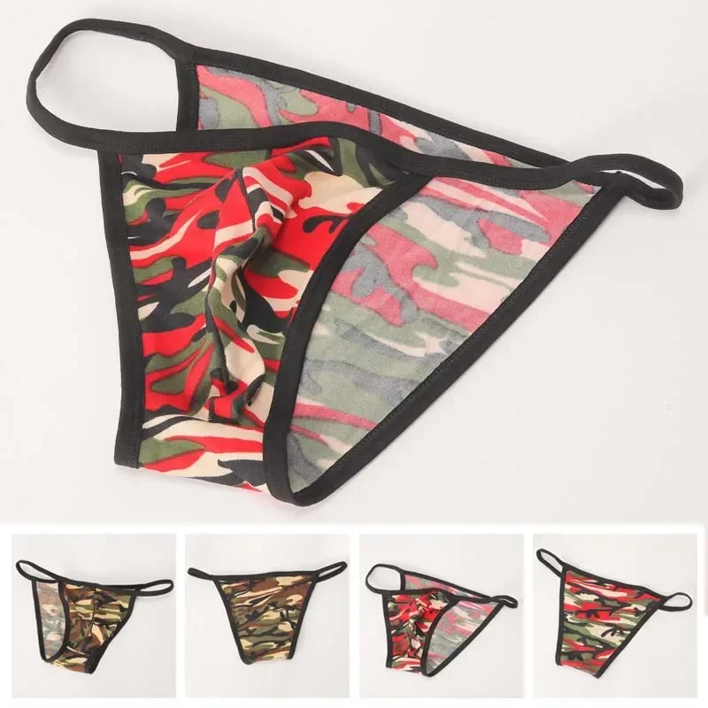 Men\'s Sexy Camo G-String Briefs Print Lingerie Bikini Underwear Panties T-Back Side Open Hip Underpants U Convex Pouch Thong