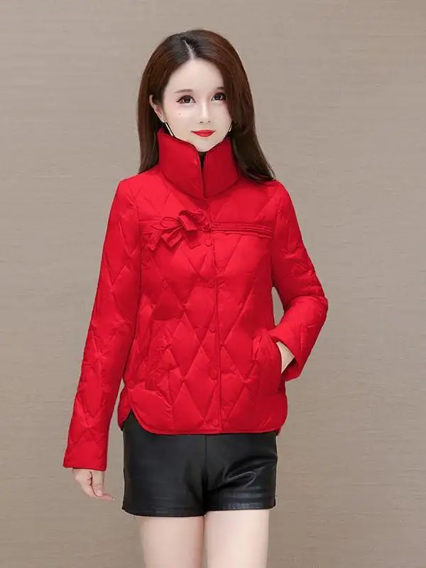 

Зимнее лыжевое пальто для молодых мам Jaet White Du Feather, легкое теплое корейское женское пальто с воротником-стойкой и узлом