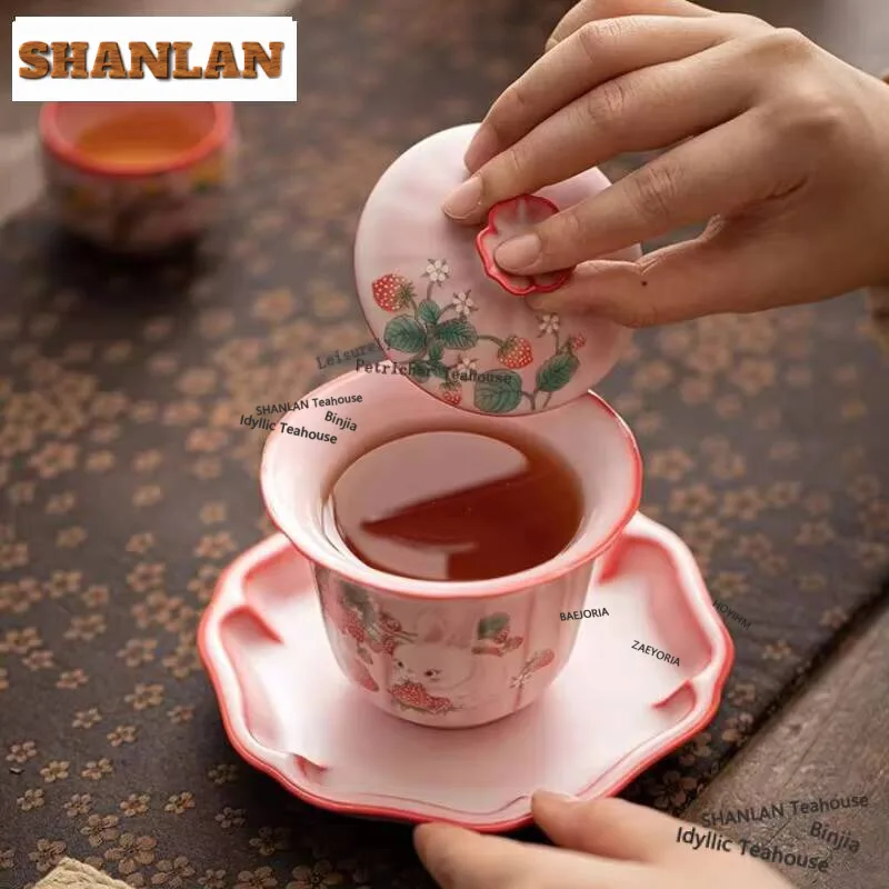

160ml Lard Frozen Sancai Gaiwan Creative Strawberry Rabbit Cover Bowl Creative Tea Tureen Tea Making Teaware Items Collection