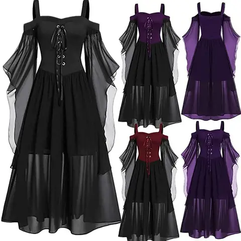 Halloween Witch Cosplay Costumes Gothic Off Shoulder Lace-up Vestidos Bandage Mesh Sheer A-line Long Party Dress for Women