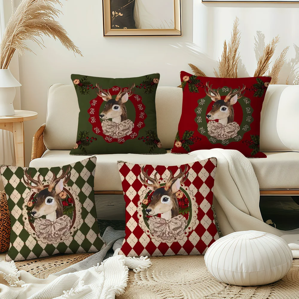 Beauty retro ins style elk cushion cover Pillowcase Double-Sided Printing Sofa Cushion Bedroom Bedside PillowCover