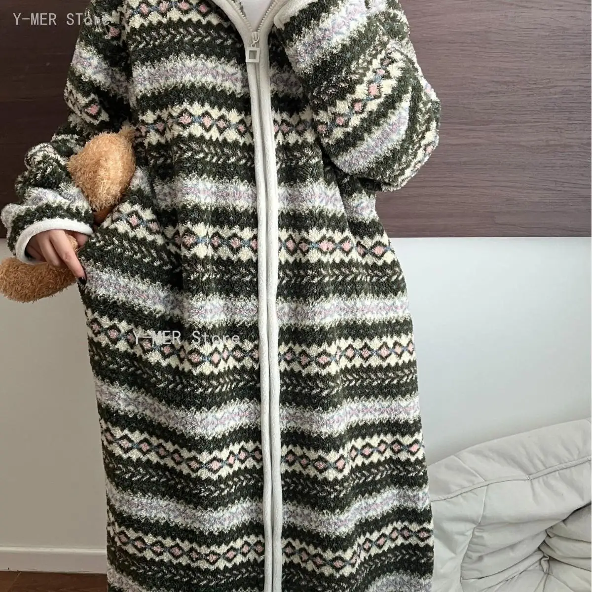 Damen-Bademantel mit Kapuze und Reißverschluss, dunkelgrün gestreift, aus Millet-Fleece, dick, warm, weich, gemütlich, lässige Homewear, Schlafbekleidung, Loungewear