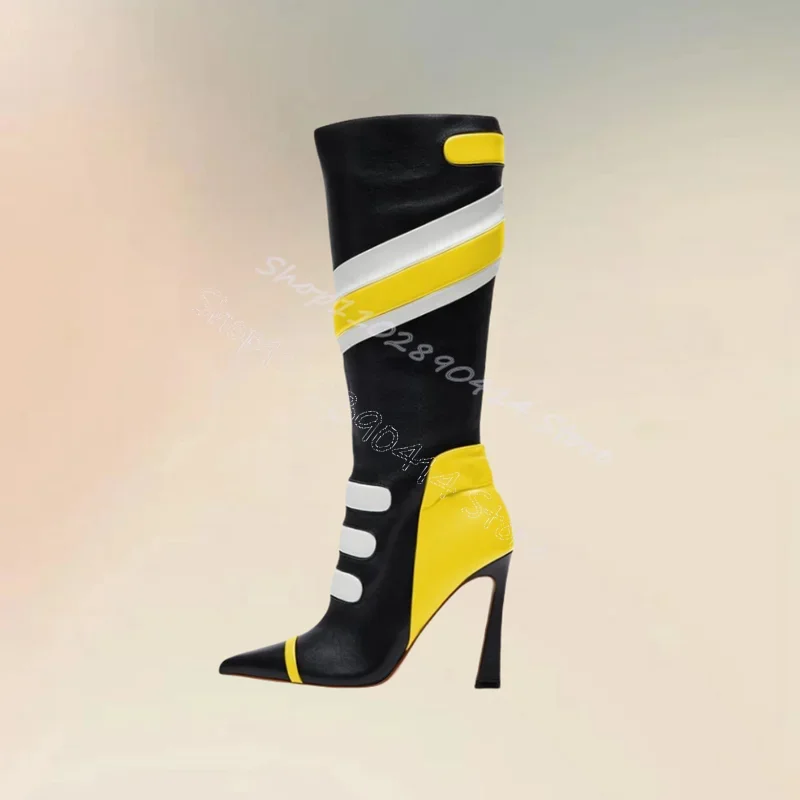 

Mixed Color Stripe Design Pointed Toe Boots Side Zipper Women Shoes Thin High Heels Party Feast Dating 2024 Zapatos Para Mujere