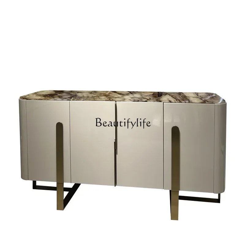 

55Italian light luxury dining side cabinet marble surface stainless steel metal foot living room locker
