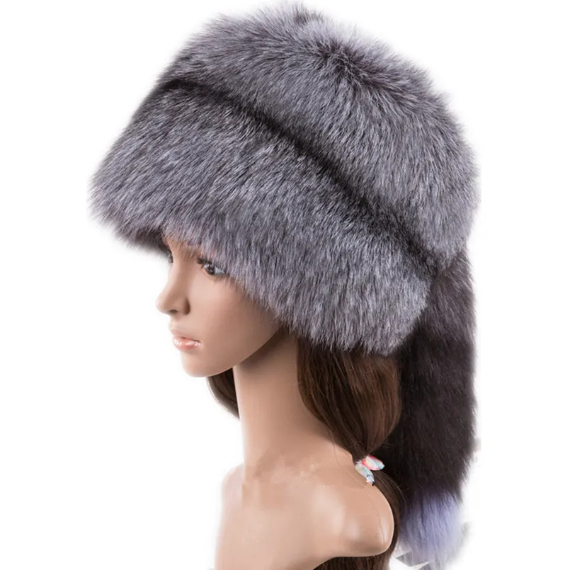 

Real fox fur hats for women natural silver fox fur cap autumn winter warm russian hat