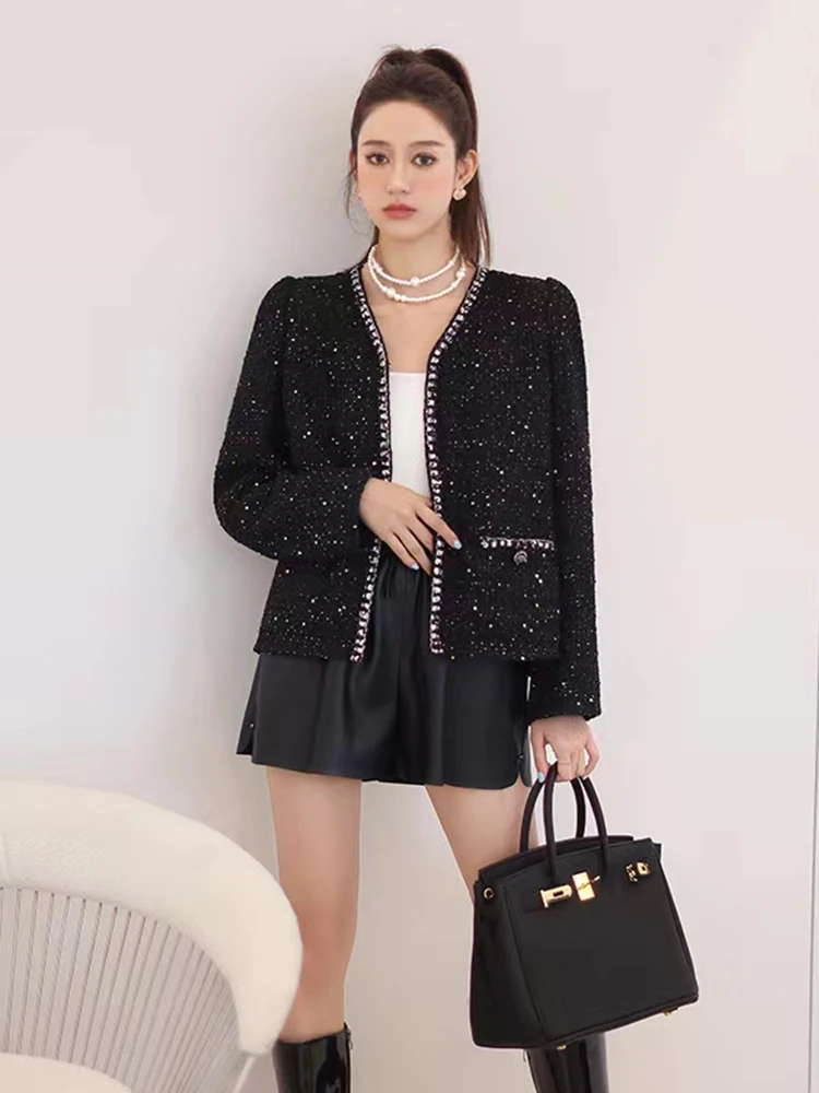 High quality black sequin celebrity small fragrance jacket for women's 2022 autumn new style coarse tweed short top