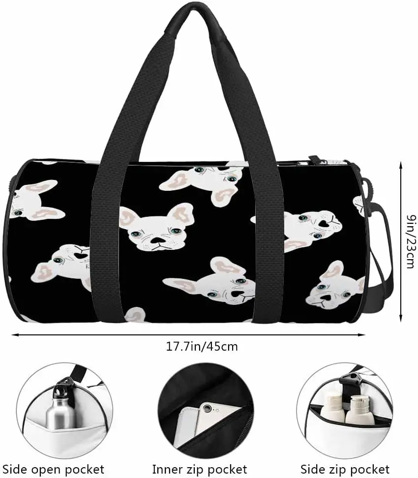 Funny Dog Duffle Bag Cute French Bulldog Head Cartoon Animal Gym Bag for Women Man Student Luggage Bag for Travel Black White