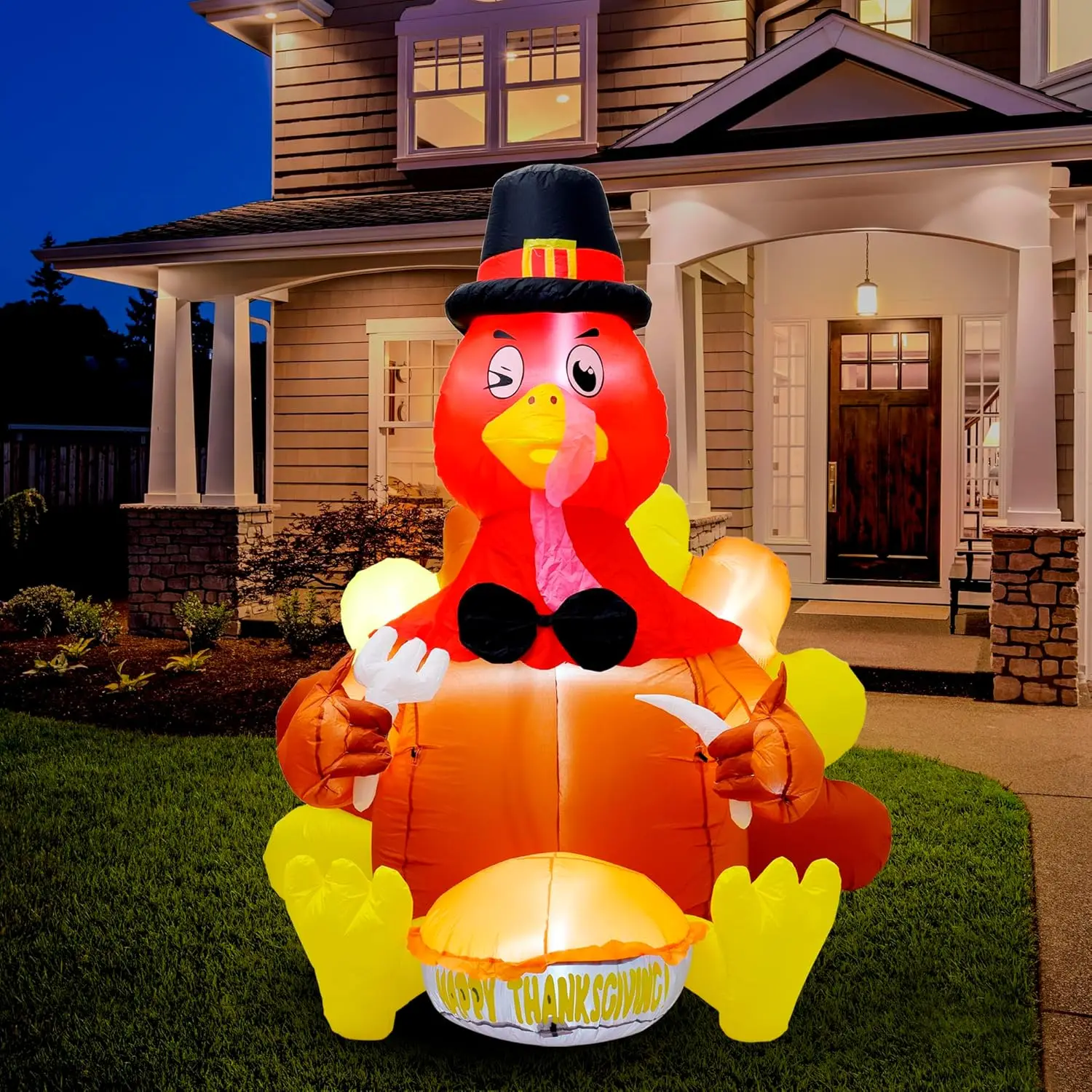6FT Thanksgiving Inflatable Turkey Decoration, Inflatables Turkey Decor with 7 Build in LED Blow up Turkey Inflatable Outdoor La