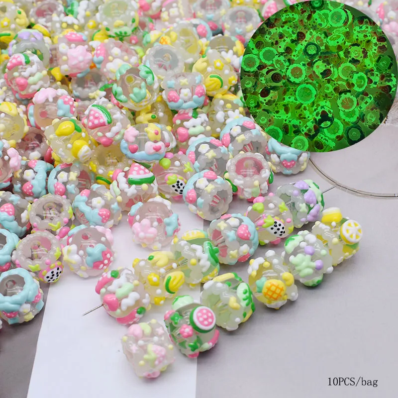 10pcs/bag Luminous Acrylic Beads Fruits Strawberry Banana Orange Hand Drawn Cartoon Painting Loose Bead DIY Handmade Accessories