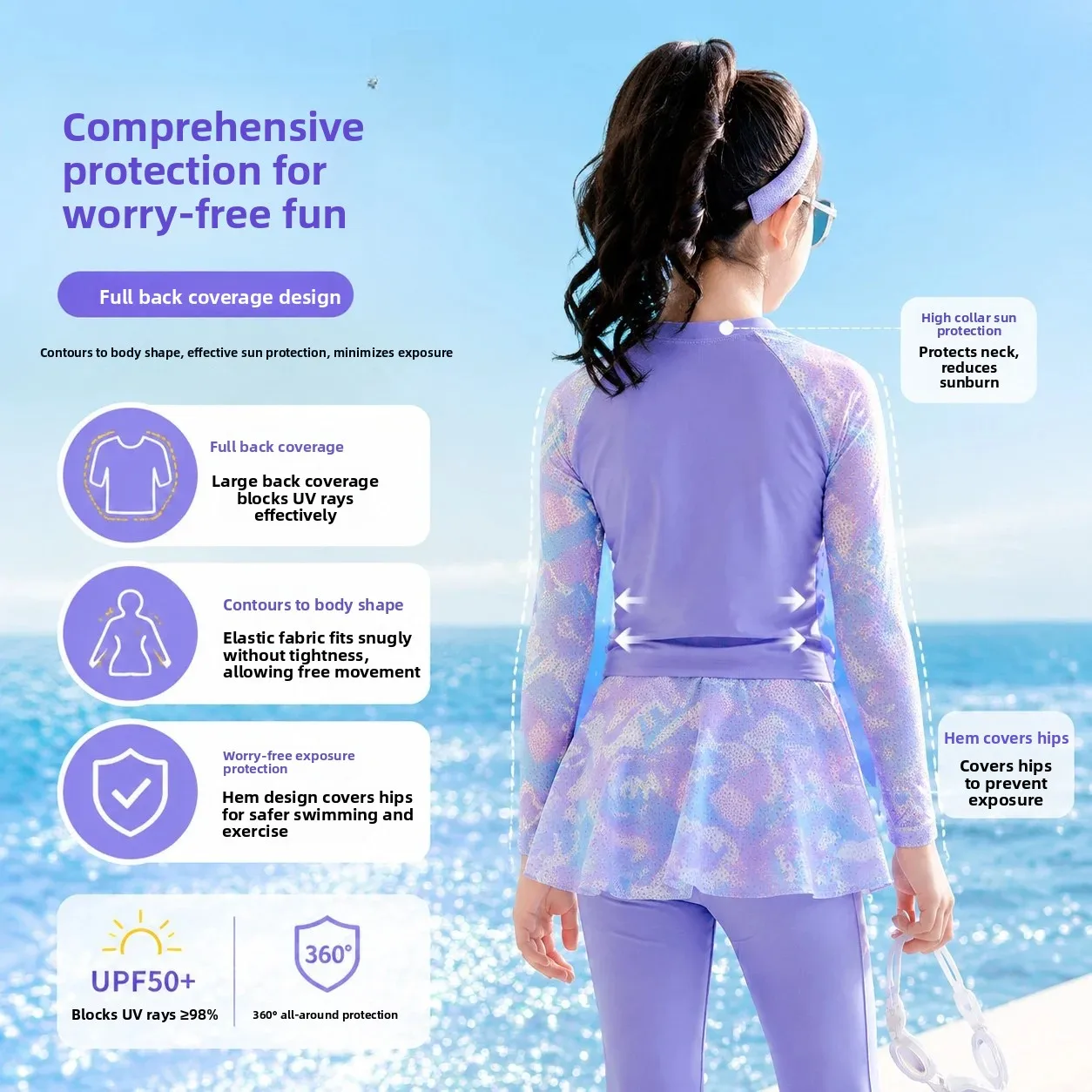 Girls' Three-piece Set Jellyfish Dive Suit Long Sleeve Pants Skirt-style Sunscreen Swimming Training Clothes Polyester Fabric