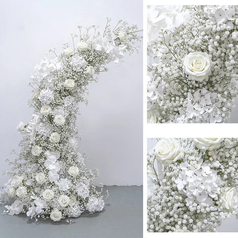 Luxury White Babys Breath Rose Floral Arrangement With Horn Arch Wedding Backdrop Decor Props Flower Stand Event Window Display