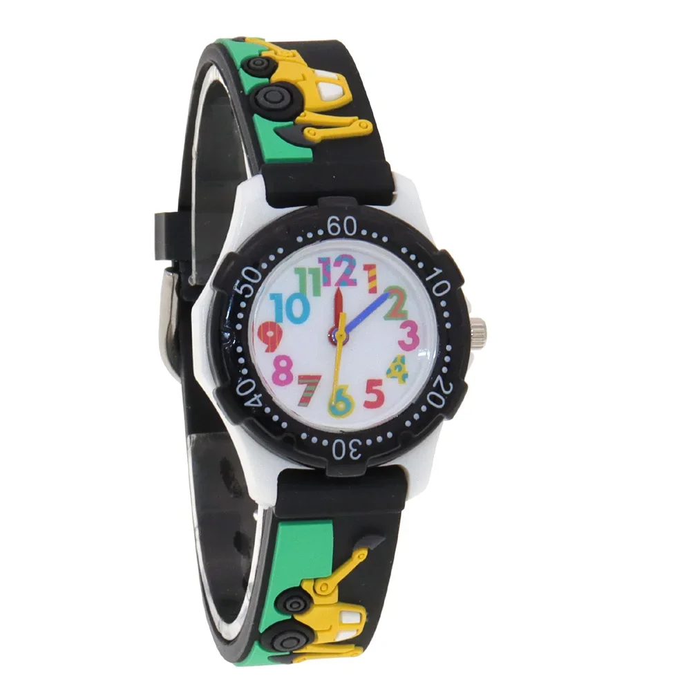 Cartoon Digger Theme Boys Kids Quartz Digital Wristwatch Silicone Strap Watch for Children