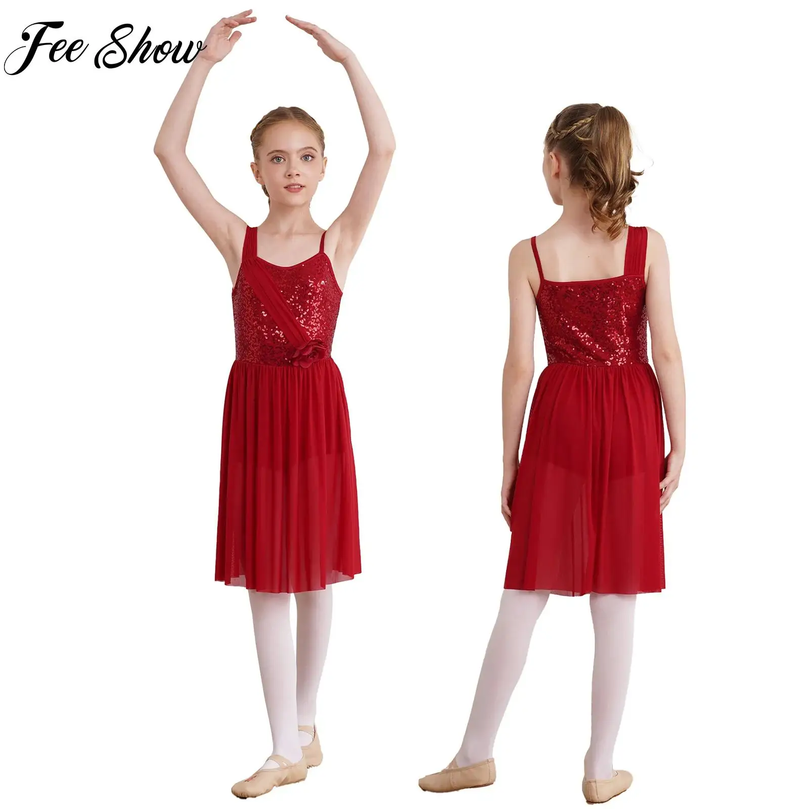 

Kids Girls Figure Skating Dress Lyrical Contemporary Dance Performance Party Costume Sparkly Sequins Sleeveless Leotard Dress