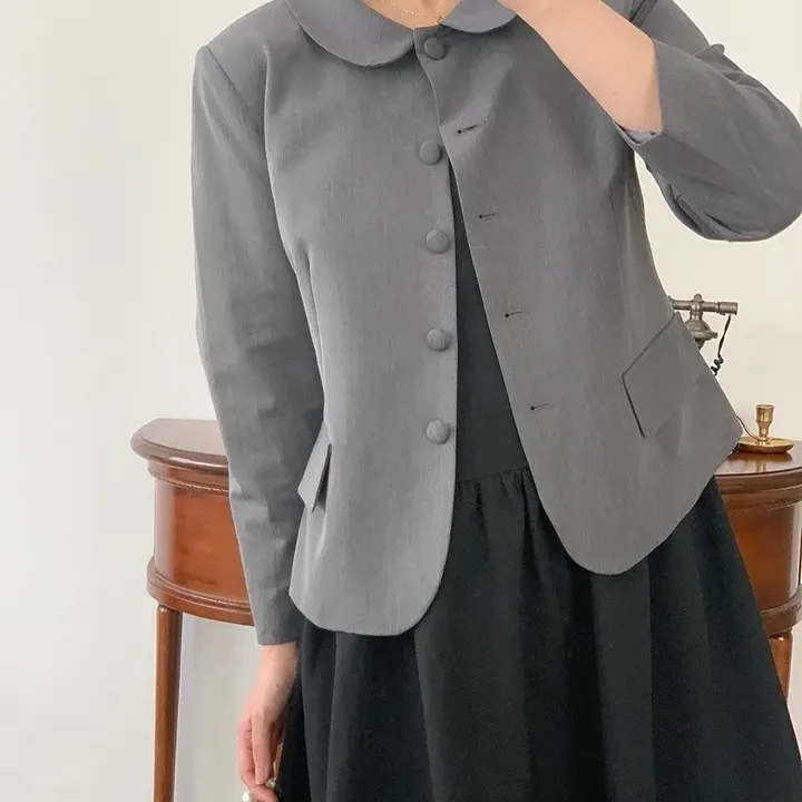 Korean Style Chic Autumn Fashion Doll Collar Single Button Long Sleeve Simple Versatile Suit Jacket Outerwear Women's Polyester