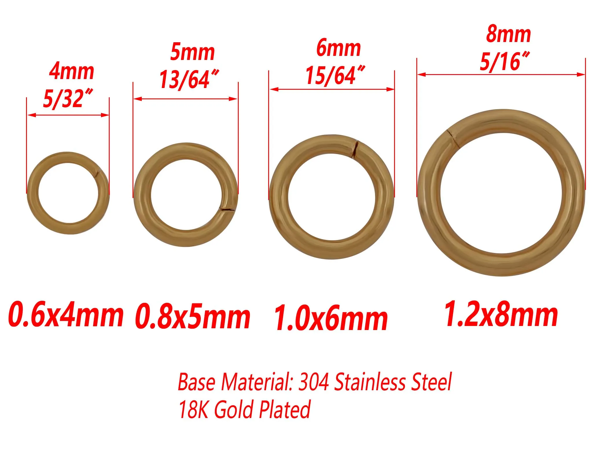 18k Gold Plated Stainless Steel  Jump Rings, 4mm 5mm 6mm 8mm Round Metal Split Closed