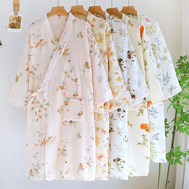 Women's Printed 100% Cotton Loose Fitting Bathrobe Japanese Style Kimono Pajamas Robes Shower Morning Gowns Wedding Dress