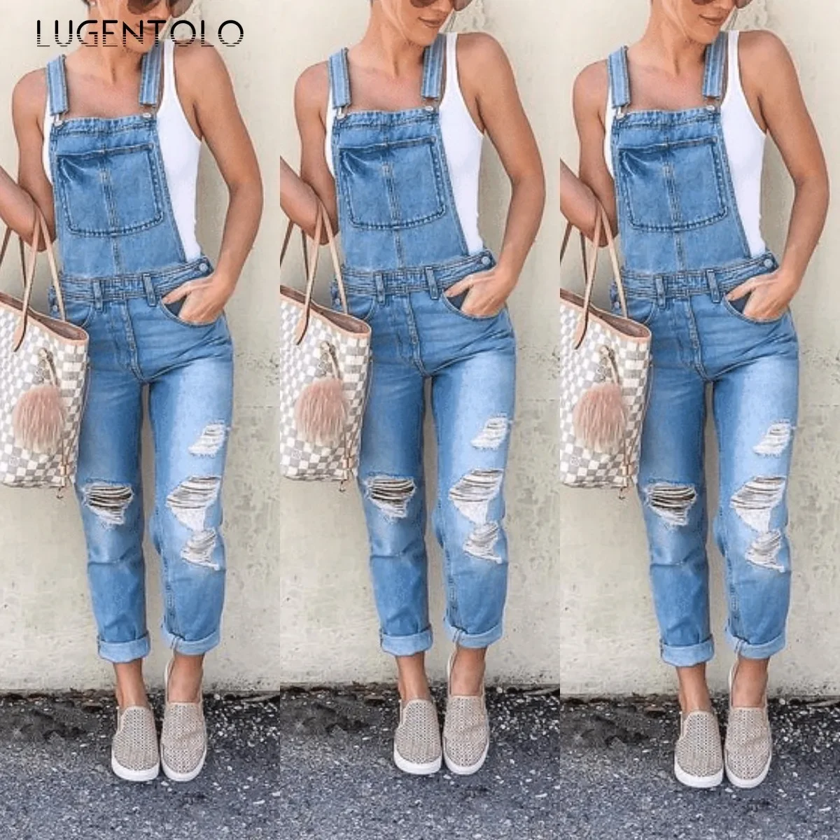 

Lugentolo Women Hole Denim Jumpsuit Overalls Casual Sport New Suspenders Ripped Lady Washed Pocket Street Straight Leg Jumpsuits