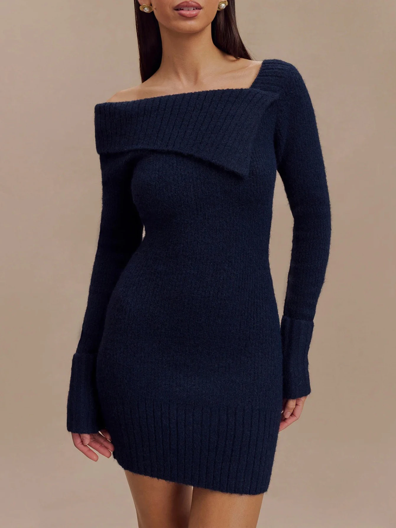 Women's Long Sleeve Mini Dress Autumn Winter Fashion Asymmetrical Solid Color Pencil Skirt Simple Lettuce Collar Date Dress